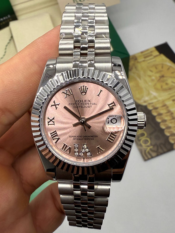 Rolex Date-Just 31mm/36mm Aço, Mostrador Rose, Luneta Canelada