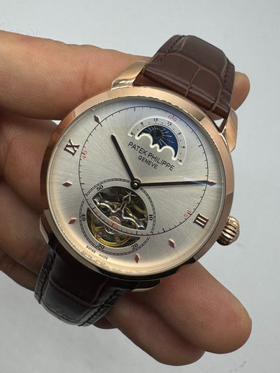 Patek Phillippe Fases da Lua Turbilhão 42mm Aço/Rose, Pulseira Couro