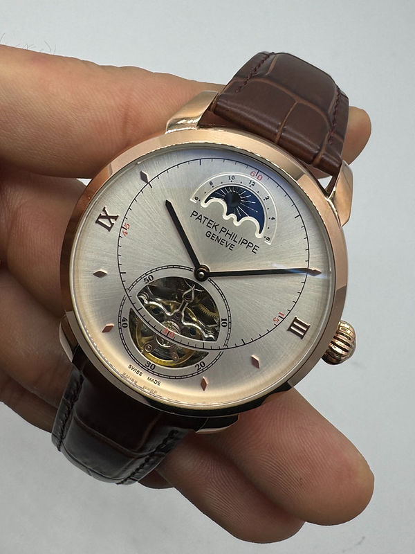 Patek Phillippe Fases da Lua Turbilhão 42mm Aço/Rose, Pulseira Couro