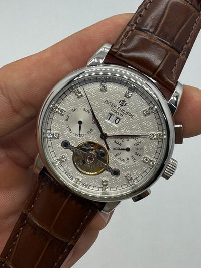 Patek Phillippe Turbilhão 42mm Aço, Pulseira Couro - Diamond