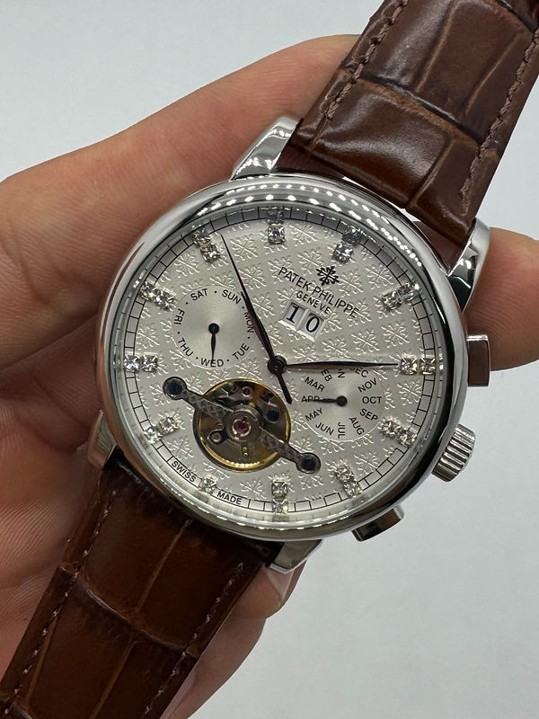 Patek Phillippe Turbilhão 42mm Aço, Pulseira Couro - Diamond