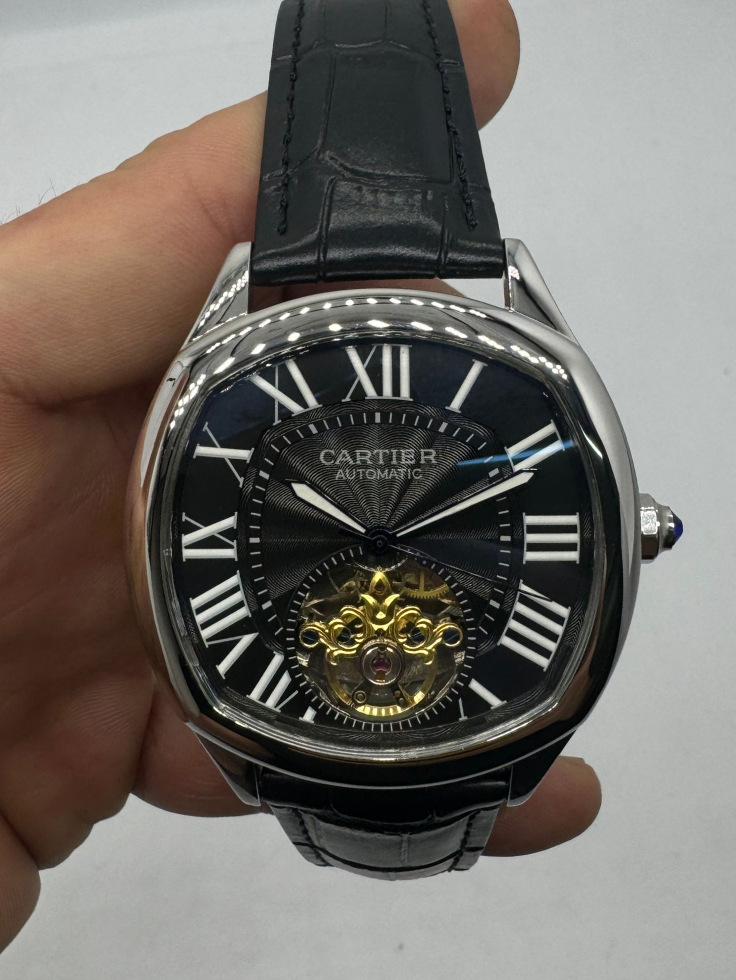 Cartier Drive 41mm Turbilhão Aço - Mostrador Preto - Pulseira Couro