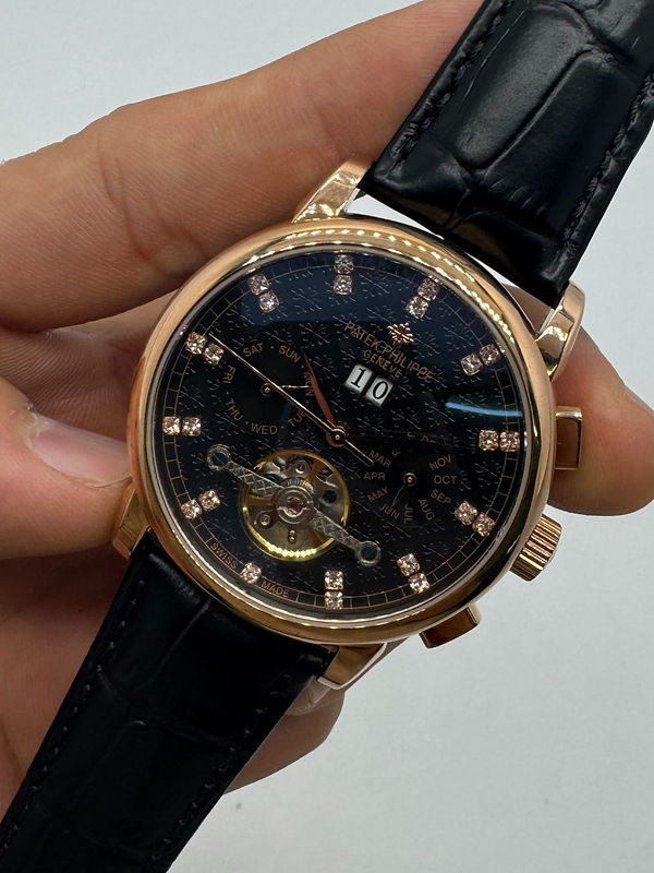 Patek Phillippe Turbilhão 42mm Aço/Rose, Pulseira Couro - Diamond