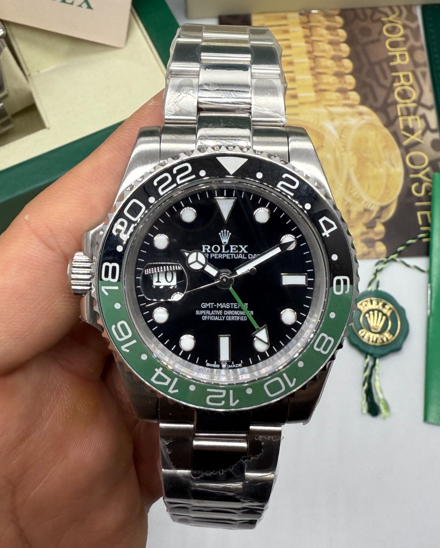 Rolex GMT Master II SPRITE 40mm Mostrador Preto Luneta Preta/Verde
