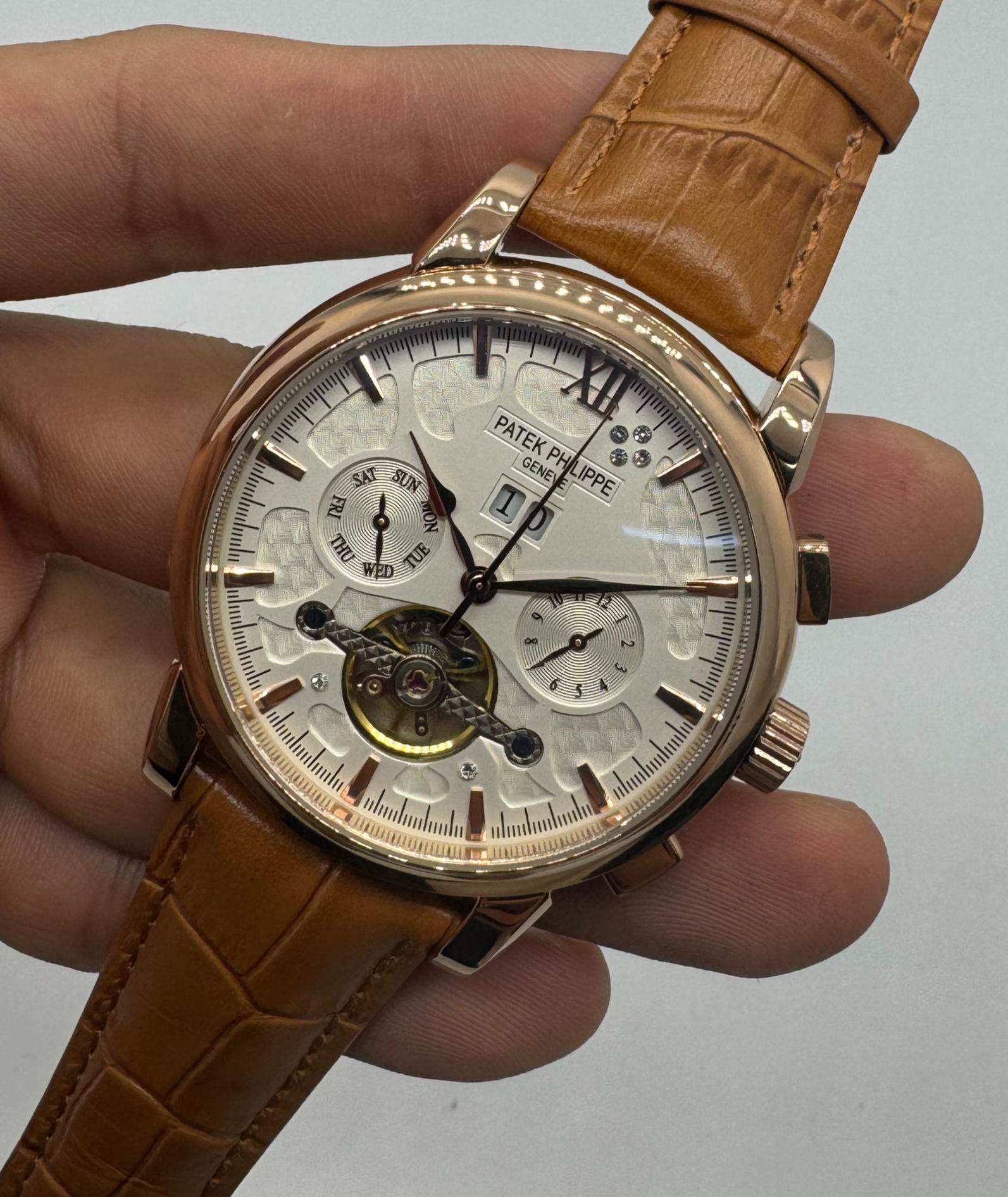 Patek Phillippe Turbilhão 42mm Aço/Dourado, Pulseira Couro