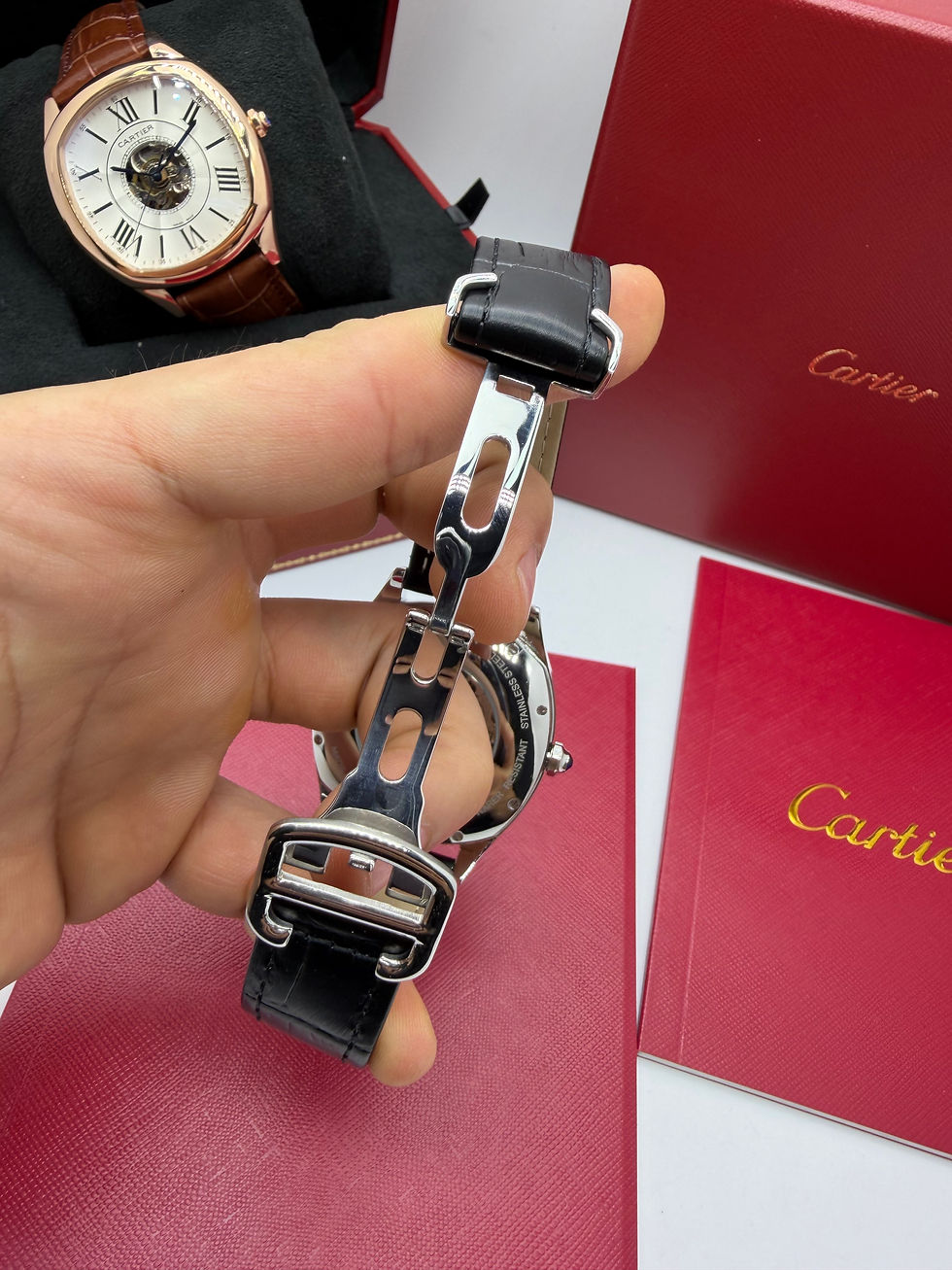 Miniatura: Cartier Drive 41mm Turbilhão Central Aço - Mostrador Preto - Pulseira Couro