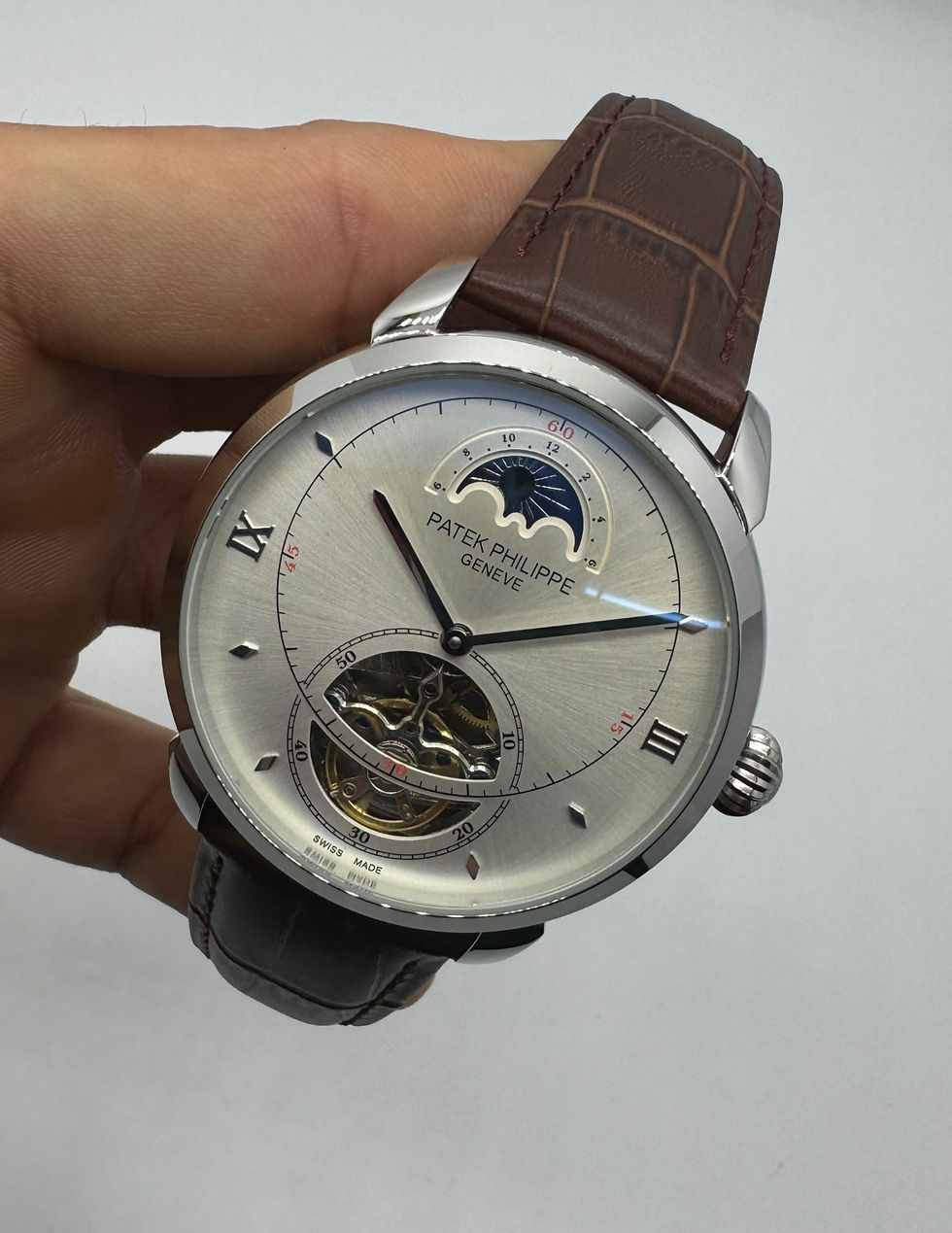 Patek Phillippe Fases da Lua Turbilhão 42mm Aço, Pulseira Couro