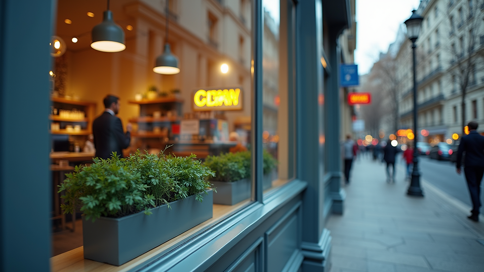 Eye-level view of a small business storefront with a clean, modern sign