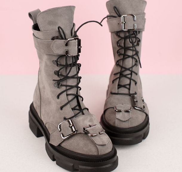 RHA Ghete dama piele naturala intoarsa gri cu catarame