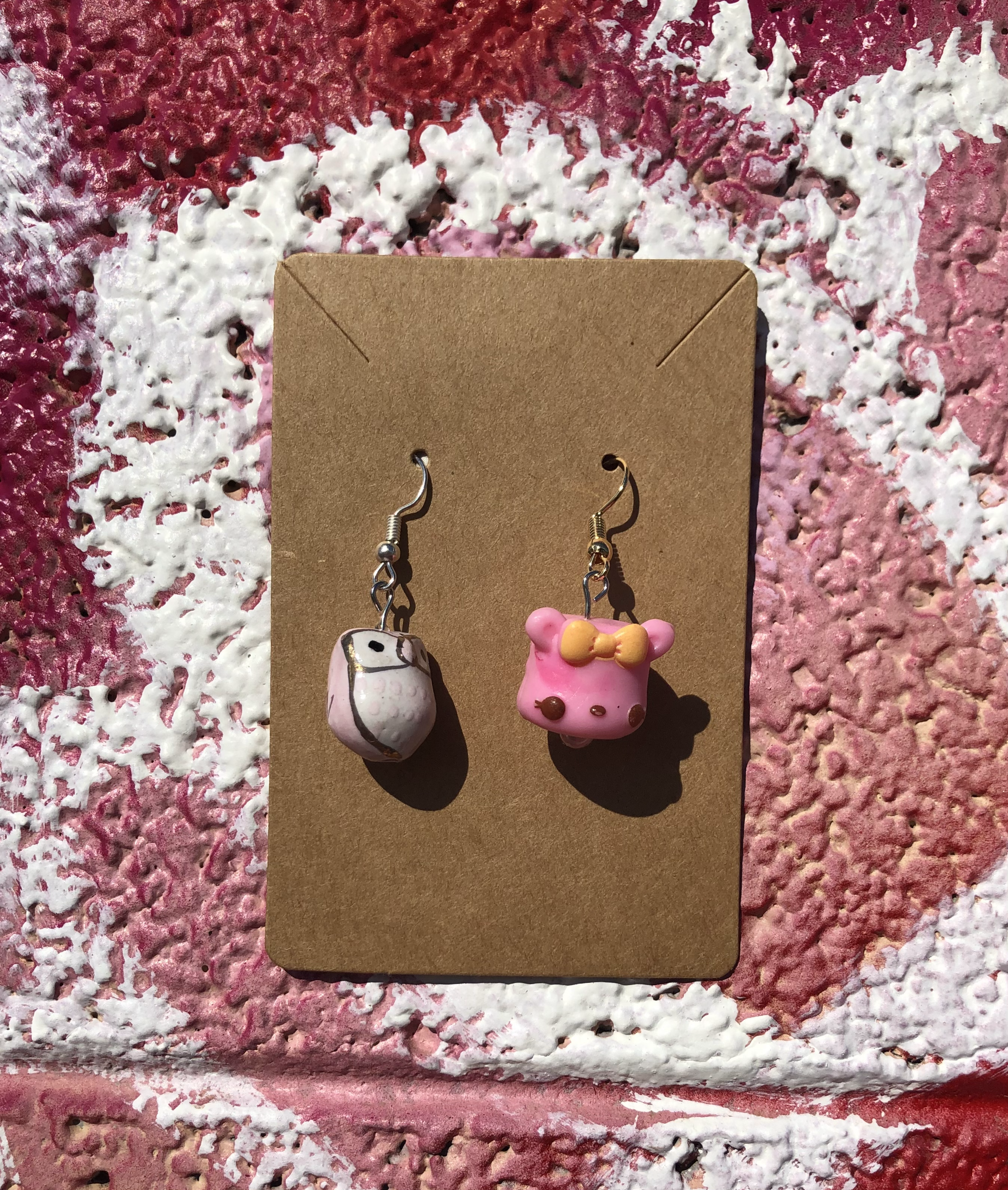 pink owl and toy earrings