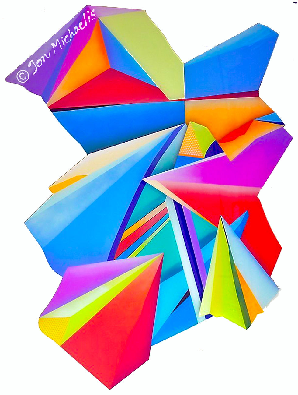 Four geometric pieces of painted glass are aesthetically hung together to form six interlocking pyramid shapes on the wall.