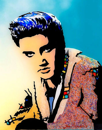 A young Elvis Presley stares directly at the viewer. He wears a patterned jacket which magically merges into the background.