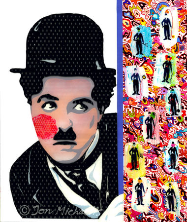 A blushing Charlie Chaplin wearing a bowler hat peers around a wall. Drawings from his comical acting career are on the wall.