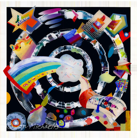 Abstract forms and shapes spiral out from a small amorphous cloud of dots and lines which represents the first visual idea.