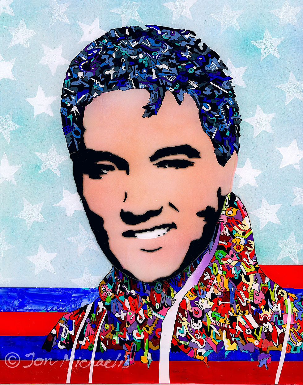 Elvis Presley with a relaxed smile has graffiti hair and wears a graffiti jacket. He is surrounded by stars and stripes.