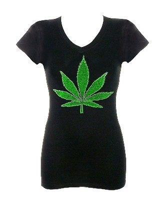 Rhinestone Marijuana Leaf V Neck Shirt