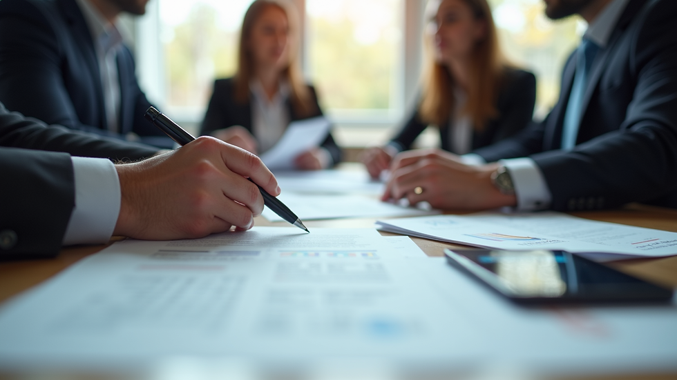 Close-up view of a business meeting with HR professionals reviewing toolkit documents