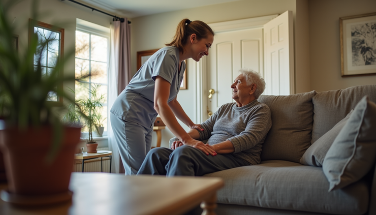 Eye-level view of a community care worker assisting an older adult in a home setting