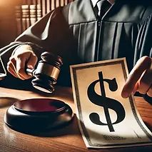 DALL·E 2024-10-07 00.02.06 - A judge striking a gavel down onto a desk, with a piece of paper in front of them showing a large dollar sign ($) symbol. The scene is set in a courtr.webp