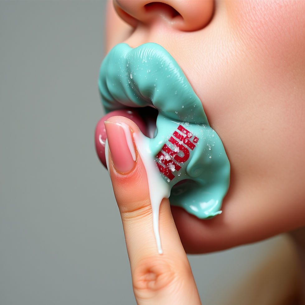 Close-up of a person with turquoise lips, glossy sheen, holding a finger to their lips. "HUH?" text is visible, creating a playful mood.