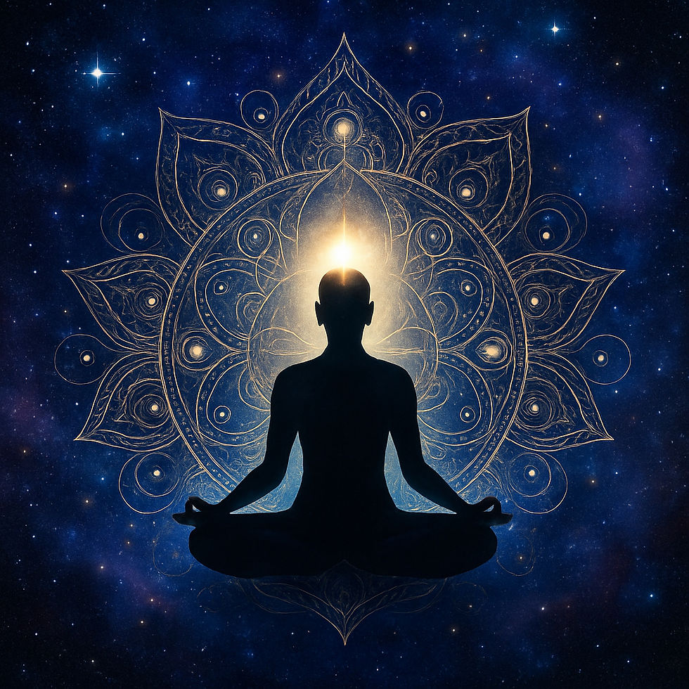 Ein im Lotussitz sitzender Mensch, der so tief in die Meditation versunken ist, dass er die Grenzen des menschlichen Bewusstseins überschreitet