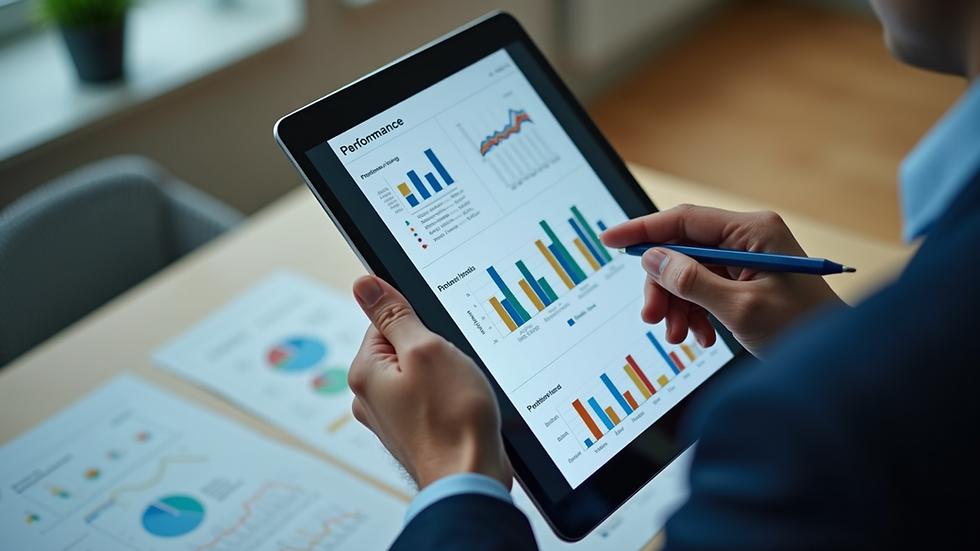 High angle view of a manager reviewing performance charts on a tablet