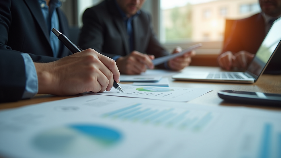 Eye-level view of a business meeting with financial documents and laptops
