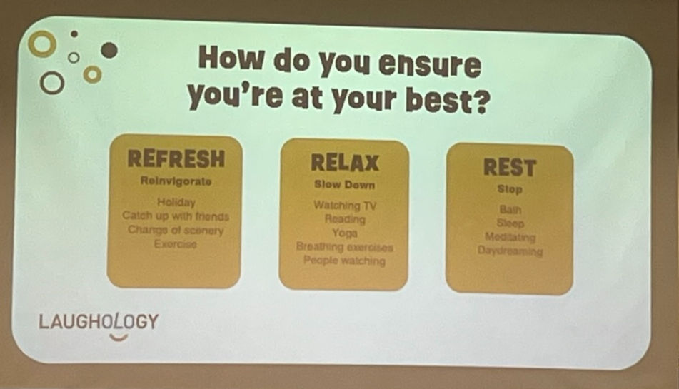 Text slide titled "How do you ensure you’re at your best?" with categories: Refresh, Relax, Rest. Includes activities like holiday, yoga.