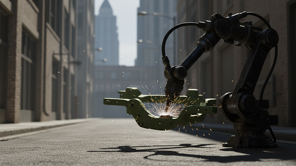 Eye-level view of a robotic arm assembling a car part