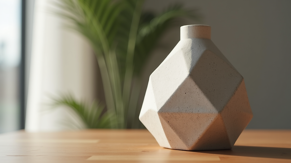 Close-up view of a geometric concrete vase on a wooden table
