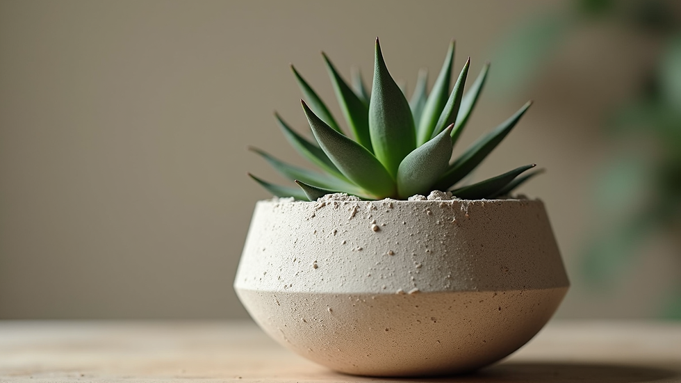Close-up de vaso de cimento com textura rústica e planta suculenta