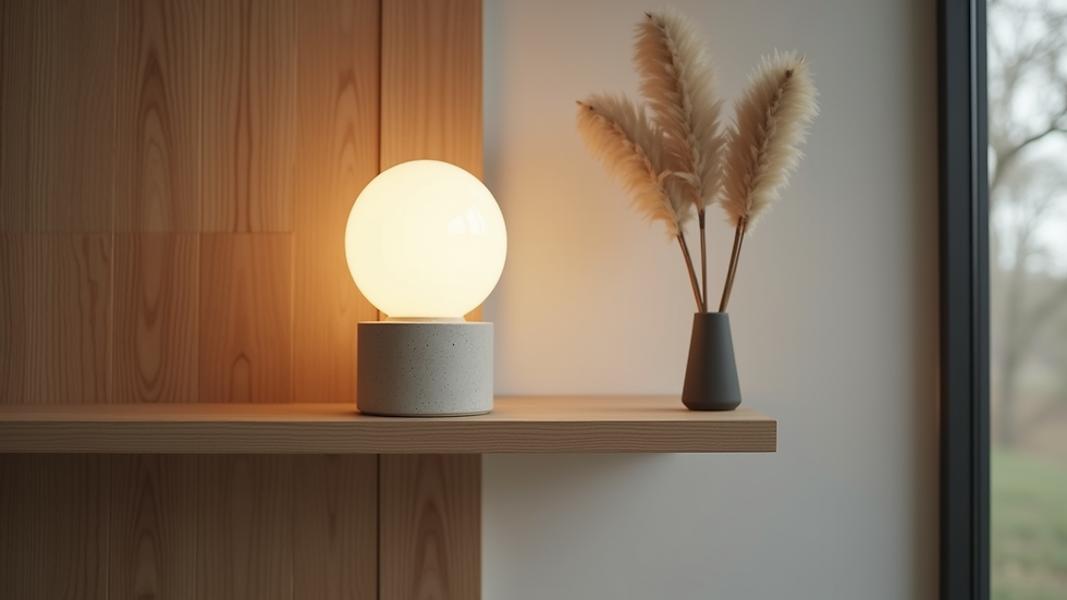 Eye-level view of a minimalist concrete lamp on a wooden shelf