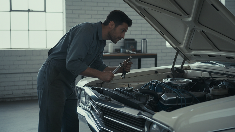 Eye-level view of a mechanic inspecting a car engine