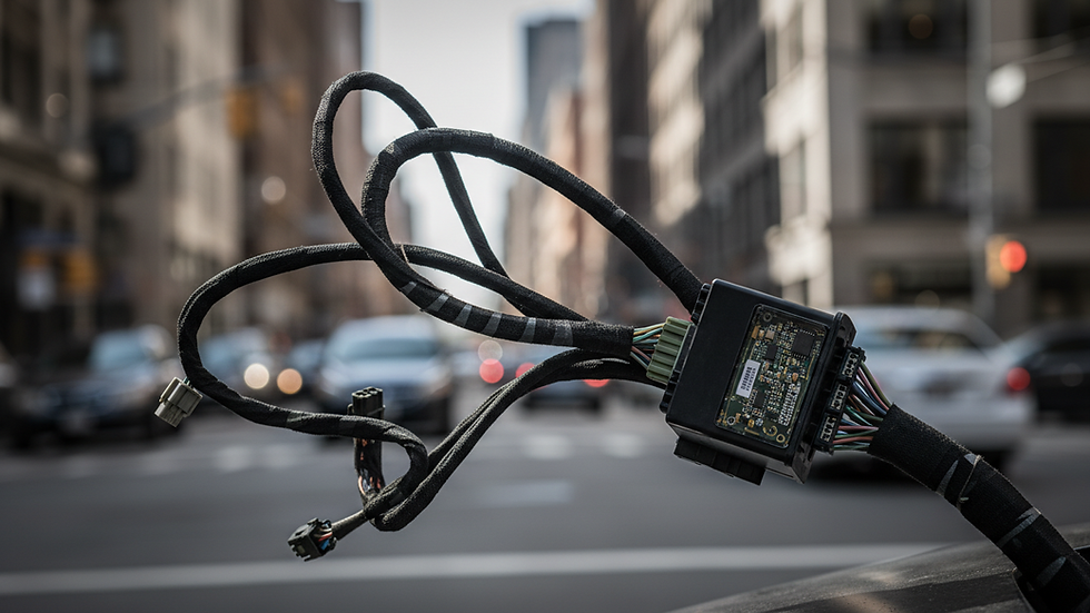 Close-up view of automotive electronic control unit with wiring
