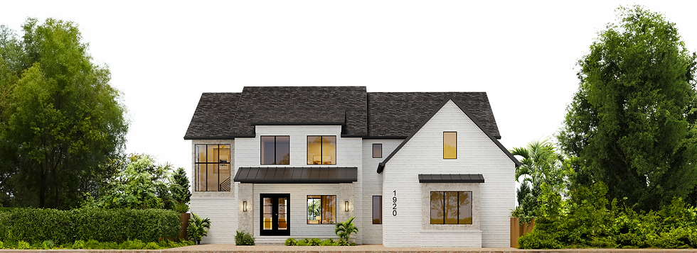 Modern luxury home exterior rendering featuring white brick, black-framed windows, contrasting dark rooflines, warm interior
