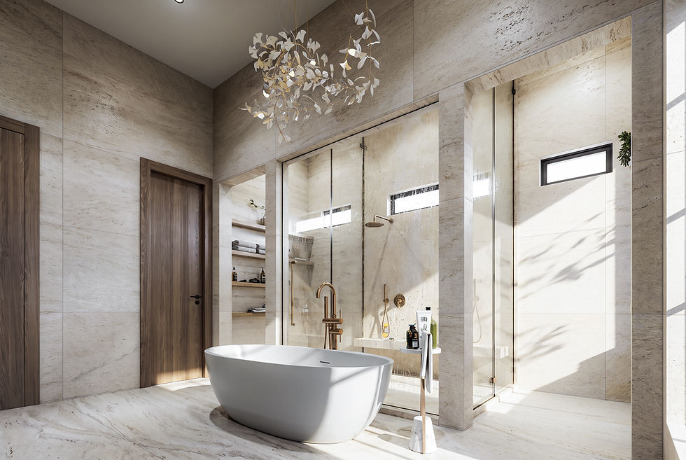 Luxury spa-inspired primary bathroom featuring a freestanding soaking tub, oversized glass-enclosed shower, floor-to-ceiling