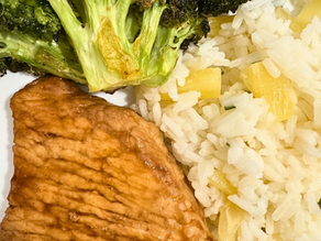 Lemon-Pineapple Glazed Pork Chops with Pineapple Chive Rice & Roasted Broccoli