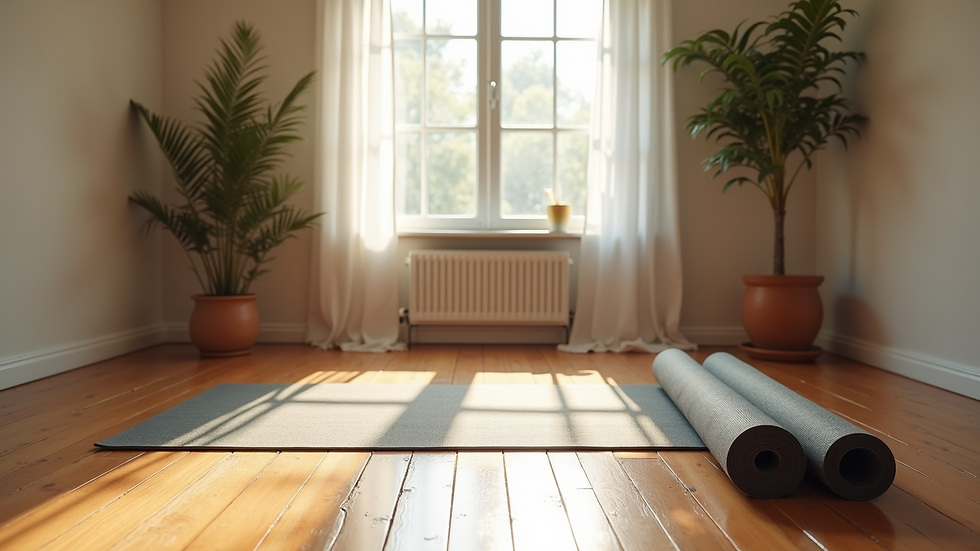 High angle view of peaceful home exercise space with yoga mat