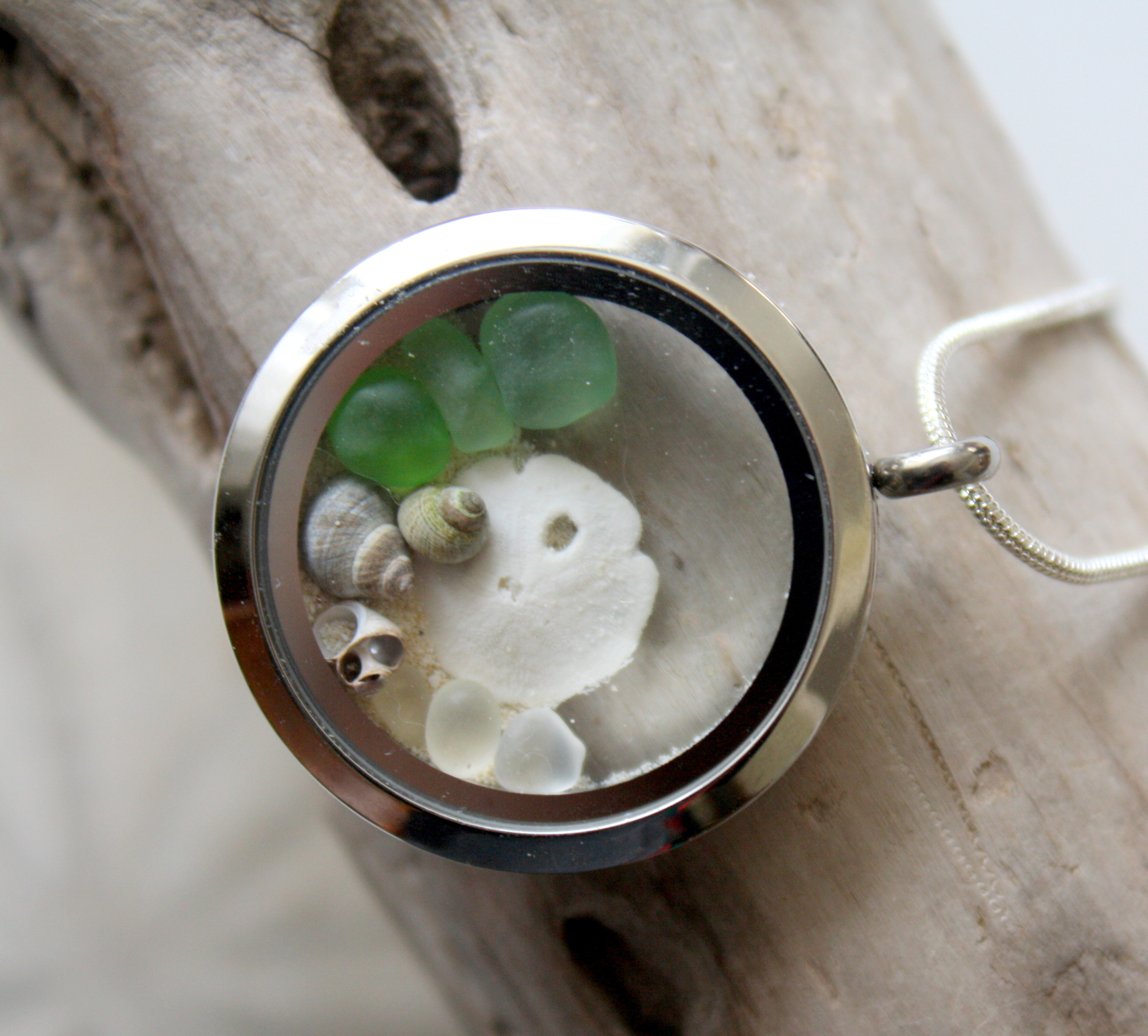 Loquet Verre de Mer & Dollar des Sables Sea glass and sand dollar locket