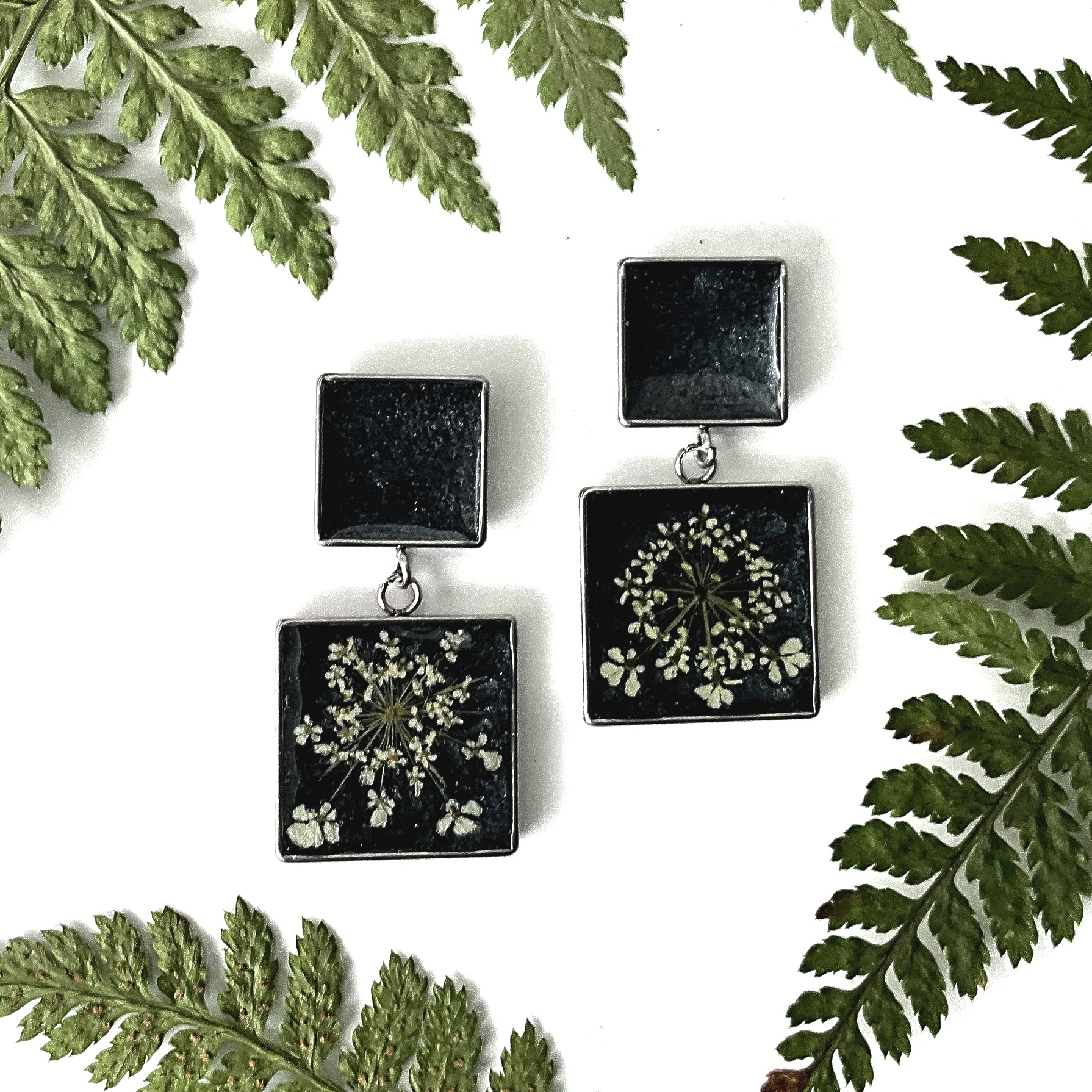 B. d'oreilles carrées Carotte sauvage-(noires) Queen Anne's lace square earrings