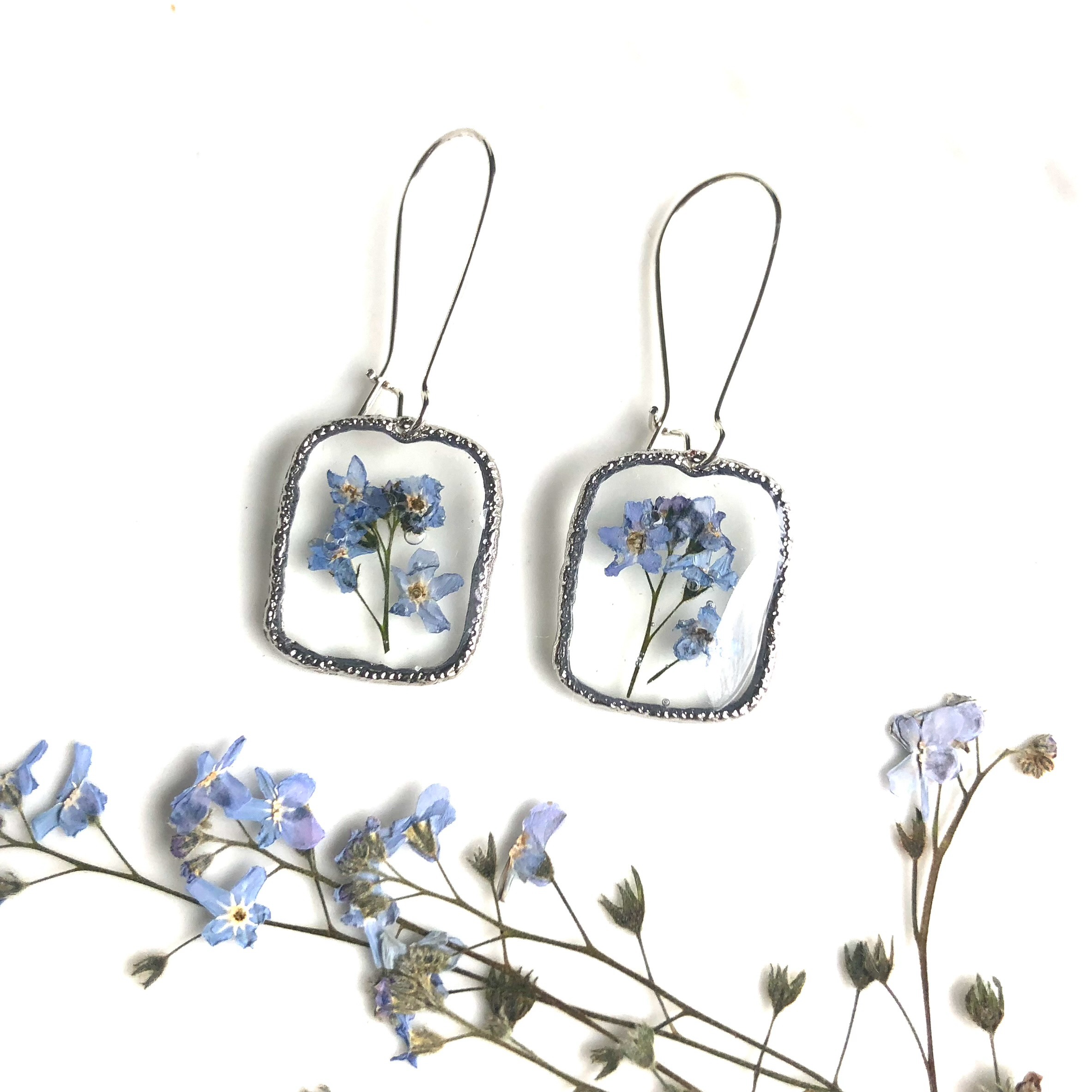 B. d'oreilles Myosotis rectang-Acier inox, (P)/Forget-me-not Earrings-S.Steel(S)