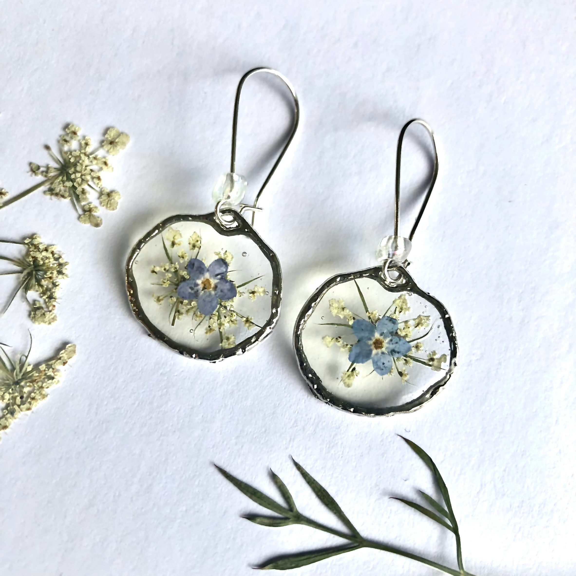 Boucles Myosotis -carotte sauvage-Wild carrot-forget-me-not earrings (silver)