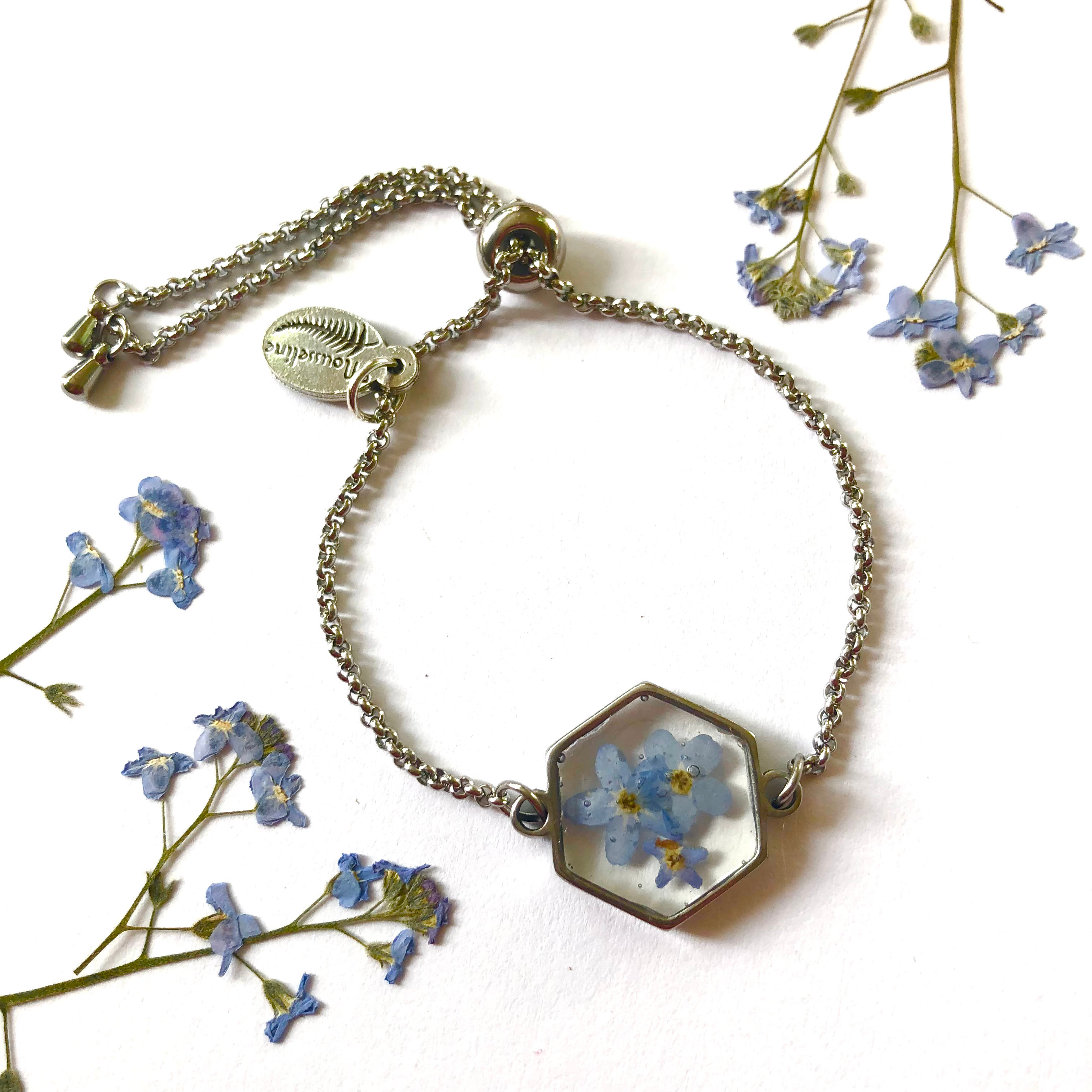 Bracelet Hexagone Myosotis (argent)/Forget-me-not Hegaxon Bracelet (silver)