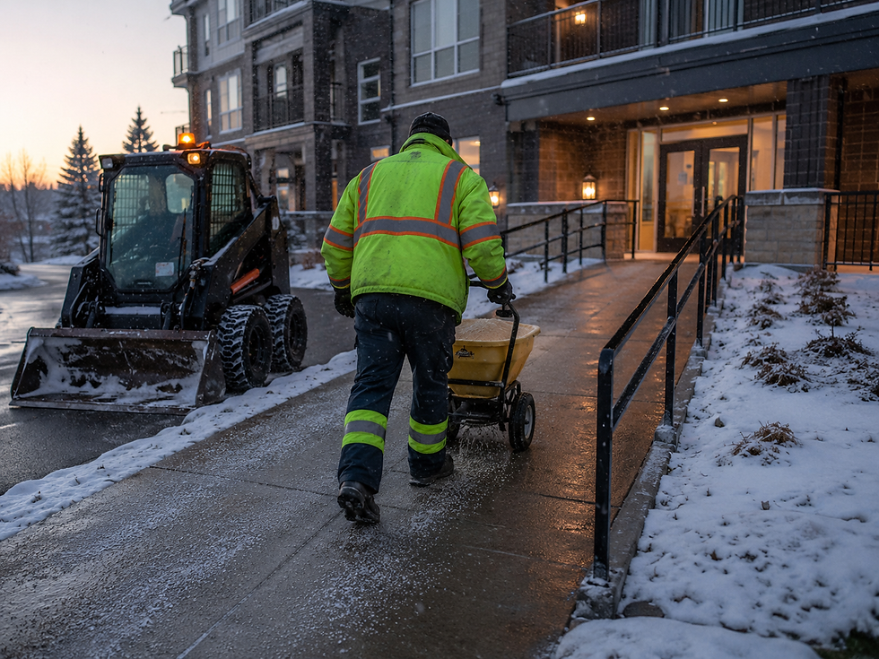 Worker spreading salt on a walkway to a residential building while a small tractor clears snow from the road