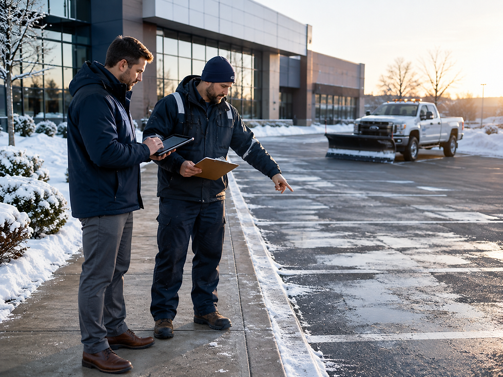 Property manager and snow contractor inspecting a commercial parking lot layout before preparing a snow removal quote.