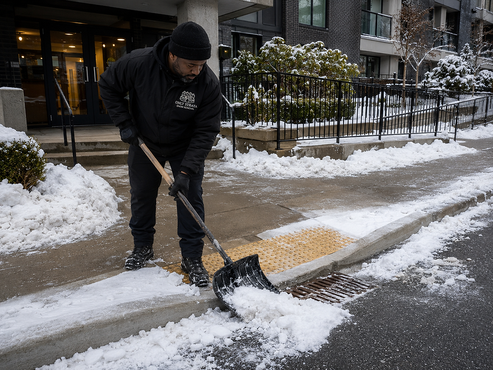 Only Strata Snow Removal worker clearing snow around a curb ramp and drainage grate to keep pedestrian access open.