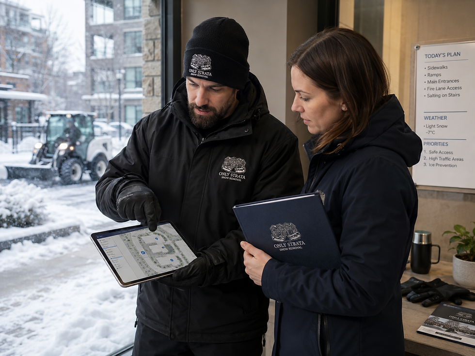 Only Strata Snow Removal supervisor reviewing a winter service map with a property manager while crews clear snow outside.