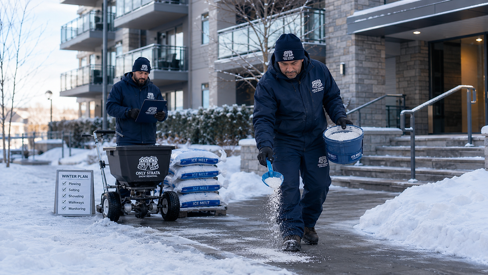Only Strata Snow Removal worker applying ice melt near a residential strata entrance while another worker documents the winter service plan.