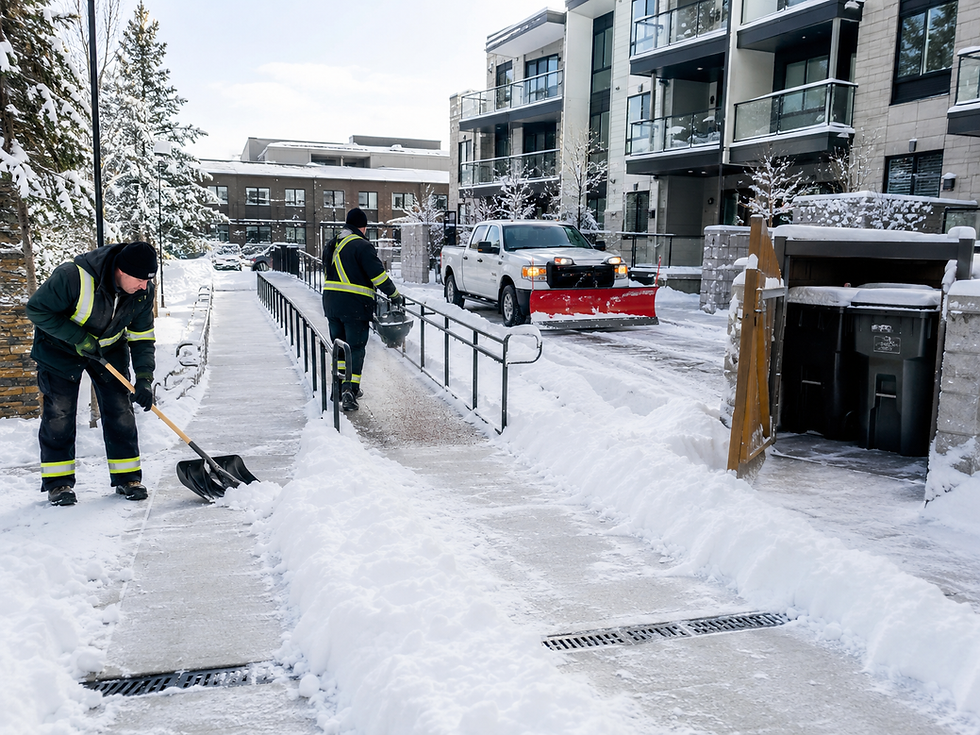 Two workers clearing sidewalks and roads in a residential area with a snow removal truck nearby