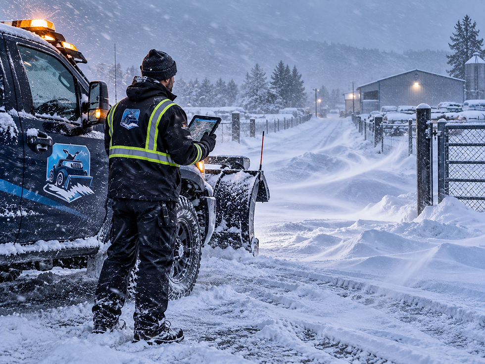 Snow Removal Expert worker reviewing route conditions beside a plow truck on a wind-exposed snowy commercial access road.